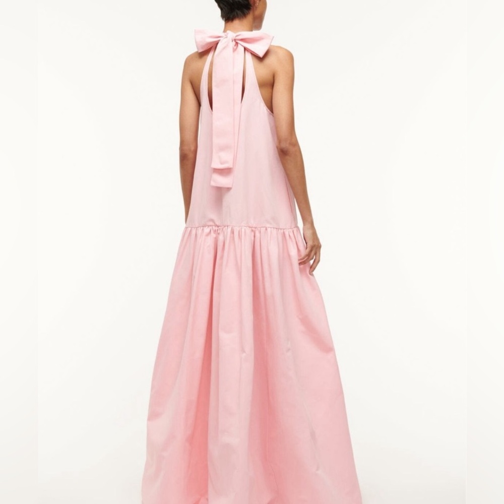 STAUD Marlowe Tiered Poplin Maxi Dress Size S Pearl Pink Bow-Back - Picture 7 of 16